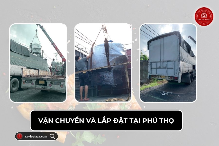 Quá trình cẩu lò pizza lên xe vận chuyển bằng xe chuyên dụng, chuẩn bị giao đến Phú Thọ.
