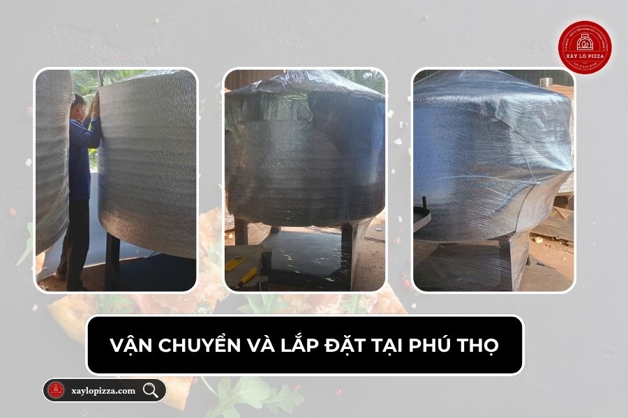 Lò pizza được đóng gói cẩn thận bằng màng bọc dày nhiều lớp trước khi vận chuyển.